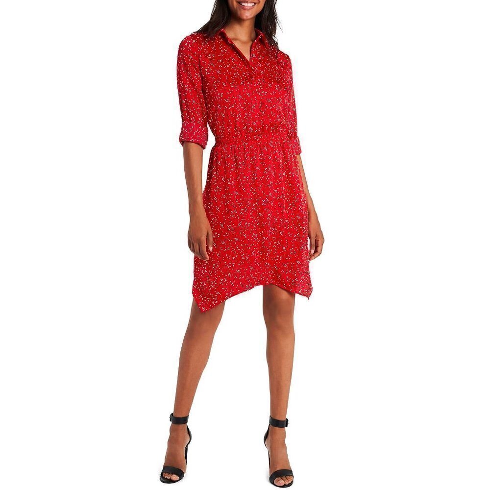 Vince Camuto Size Large Red White Long Sleeve Collar Dress Shirtdress Asymmetric